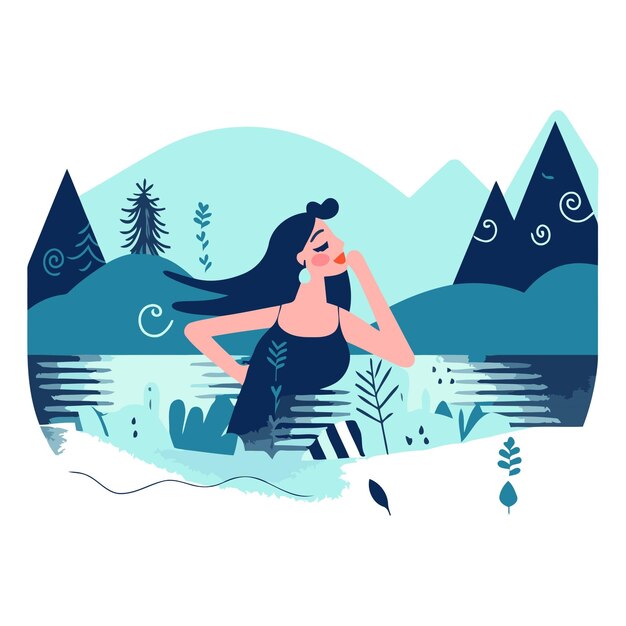 Vector ilustración vectorial de una hermosa chica en traje de baño sobre un fondo de montañas y lago