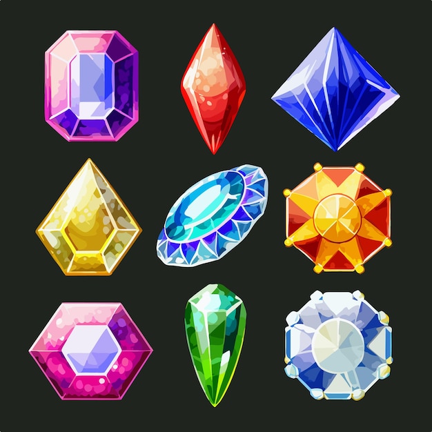 Ilustración vectorial de una hermosa colección de piedras preciosas de juego en forma de cristales brillantes de colores que se utilizan como íconos de logro y moneda en el juego