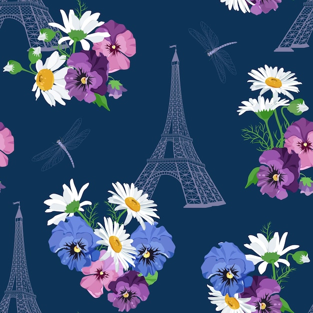 Ilustración vectorial hermosa y sin costuras de una torre Eiffel estilizada con camomilepansies y libélulas