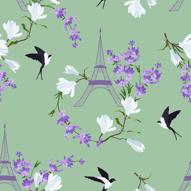 Ilustración vectorial hermosa y sin costuras de una torre eiffel estilizada con magnolia de lavanda y golondrinas en un fondo verde para decorar embalajes textiles y papel tapiz