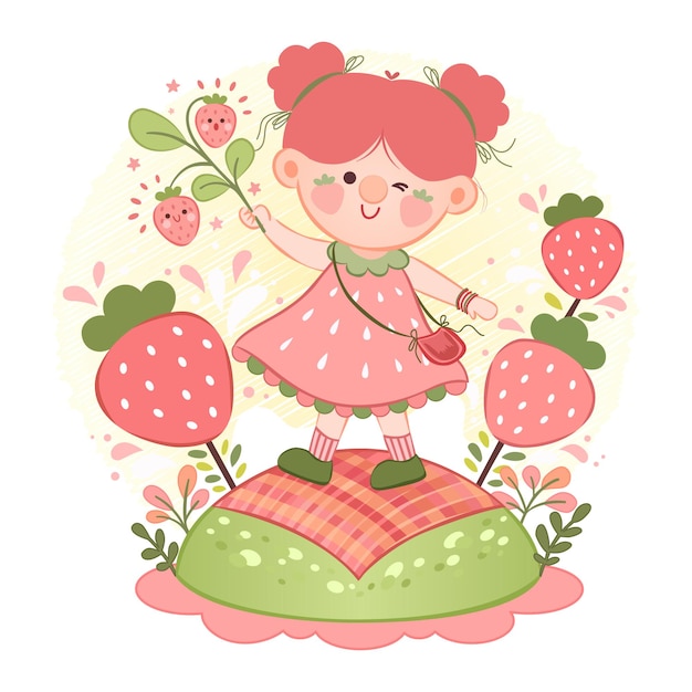 Ilustración vectorial de una hermosa y linda chica en un vestido con fresas
