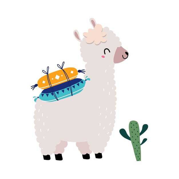 Ilustración vectorial de una hermosa llama o alpaca que lleva almohadas en la espalda