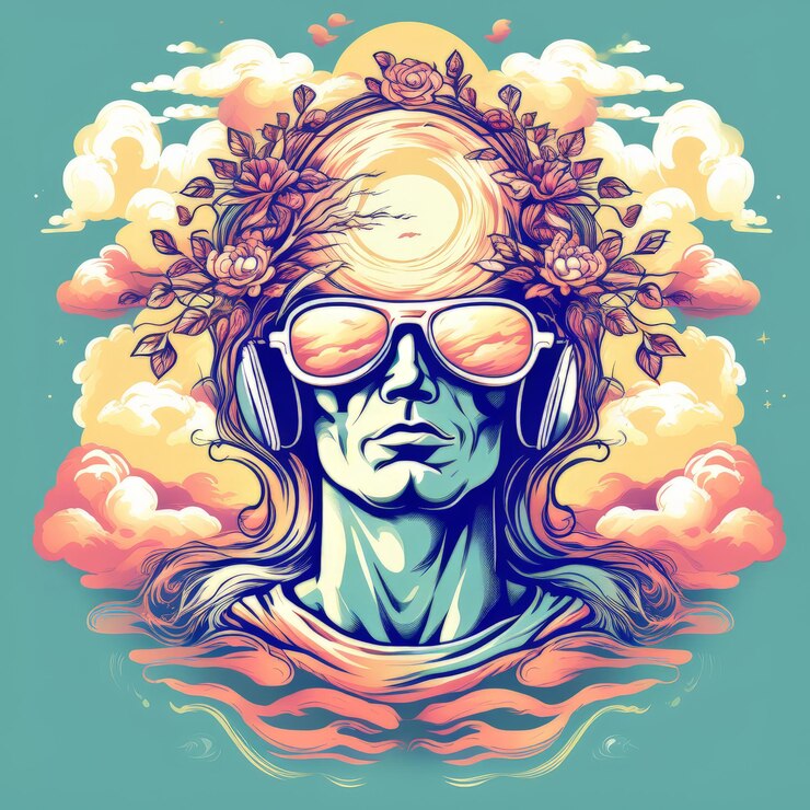 Vector ilustración vectorial de una hermosa mujer con gafas de sol y una corona floral ilustración vectoria