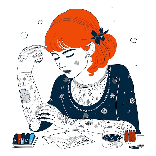 Vector ilustración vectorial de una hermosa mujer joven de cabello rojo sentada en la mesa