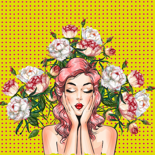 Ilustración vectorial de una hermosa mujer joven y flores de peonía alrededor de su chica pinup sexy en estilo cómico de arte pop retro