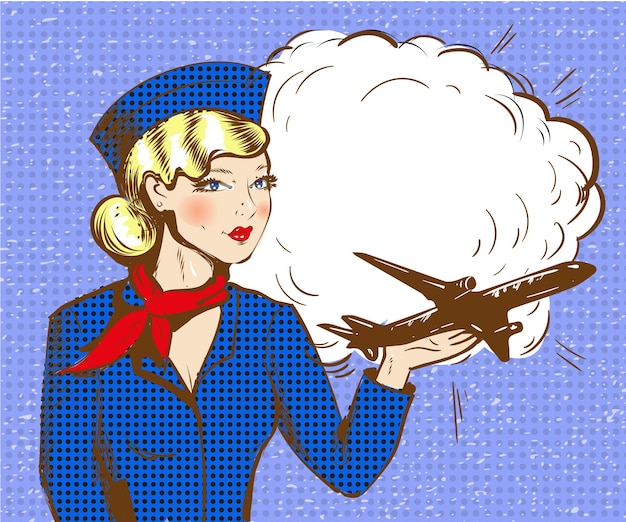 Ilustración vectorial de una hermosa mujer sosteniendo un avión en su mano Azafata en estilo cómico de arte pop retro