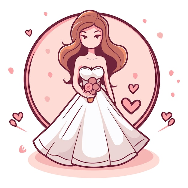 Ilustración vectorial de una hermosa novia en un vestido de novia blanco con un ramo de flores