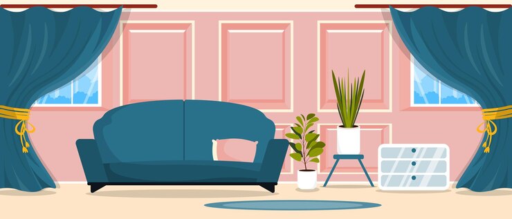Vector ilustración vectorial de una hermosa sala de estar con un interior elegante habitación de lujo de dibujos animados con un sofá con almohadas suaves una mesita de noche varias jarrones cornisas con cortinas ventanas alfombra