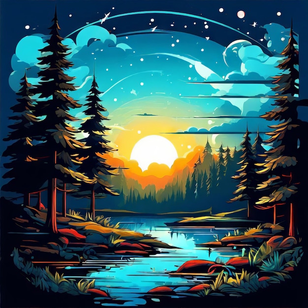 Vector ilustración vectorial del hermoso bosque con una hermosa puesta de sol y un río