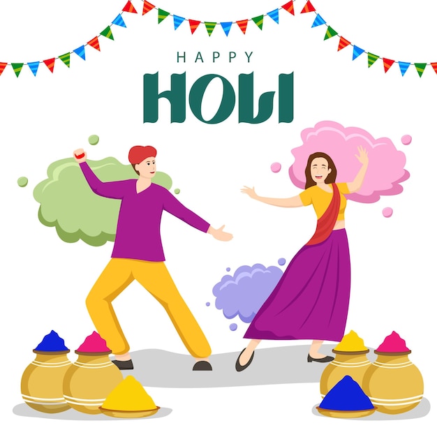 Ilustración vectorial de un hermoso cartel para el festival indio Happy Holi con fondo de baile de pareja