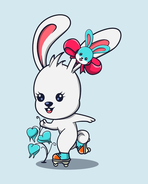 ilustración vectorial de un hermoso conejo blanco jugando a patinar