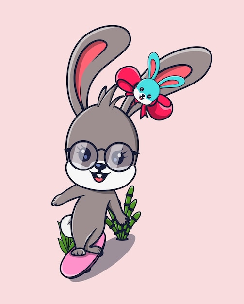 ilustración vectorial de un hermoso conejo con gafas jugando patineta