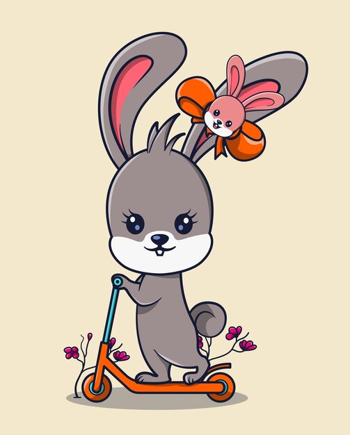 ilustración vectorial de hermoso conejo jugando scooter