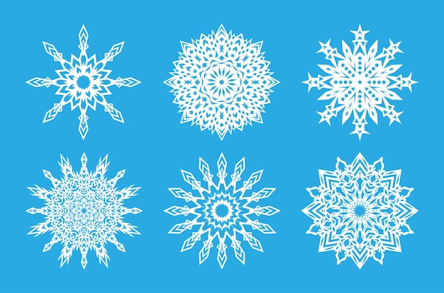 Ilustración vectorial Hermoso conjunto de copos de nieve blancos sobre un fondo azul para el diseño de invierno Colección de elementos de Navidad y Año Nuevo Siluetas congeladas de copos de nieve de cristal