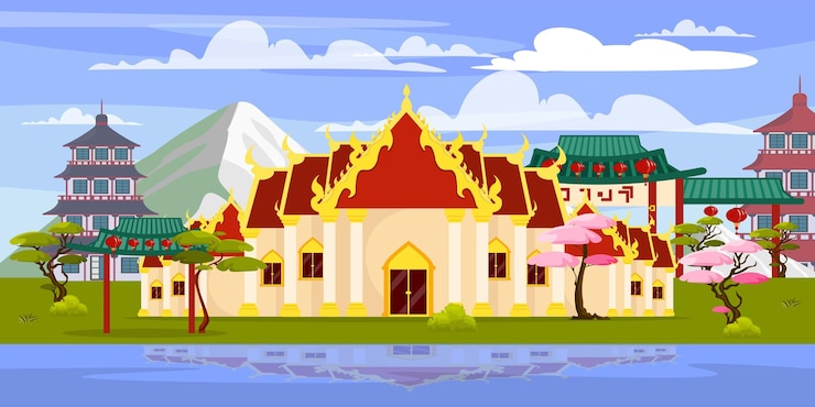 Vector ilustración vectorial de un hermoso paisaje con edificios asiáticos escena de dibujos animados de varios templos budistas arco puerta pagoda cerezas árboles montañas río con reflejo de edificios