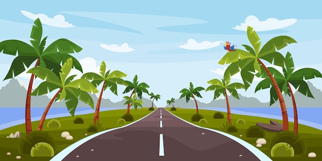 Ilustración vectorial de un hermoso paisaje tropical Paisaje de verano de dibujos animados con cielo azul y nubes montañas océano y carretera en el medio de la isla con palmeras y loros Vacaciones