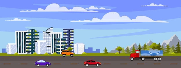 Ilustración vectorial de un hermoso paisaje urbano con autopista Escena de dibujos animados con autopista coches coloridos camiones jeep coches modernos edificios futuristas árboles de Navidad árboles verdes montañas arbustos