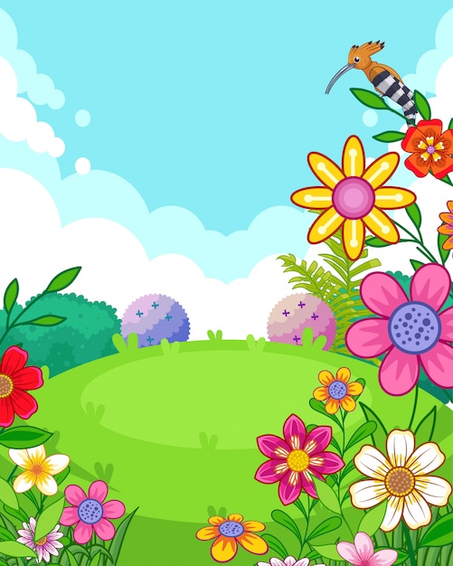 Ilustración vectorial de un hermoso parque con flores