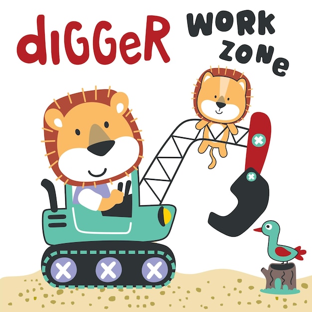 Ilustración vectorial de una herramienta pesada con un lindo animal Vector creativo Diseño infantil para actividades infantiles libro o página para colorear