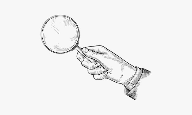 Ilustración vectorial de la herramienta de zoom para la observación de análisis de investigación de objetos pequeños Hombre mano masculina sosteniendo una vieja lupa Estilo dibujado a mano vintage
