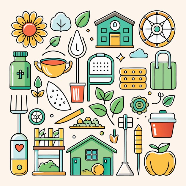 Ilustración vectorial de herramientas agrícolas y de jardinería Conjunto de iconos para la agricultura, la jardinería y la vida sostenible