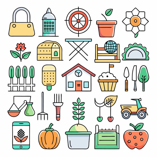 Ilustración vectorial de herramientas agrícolas y de jardinería Conjunto de iconos para la agricultura, la jardinería y la vida sostenible