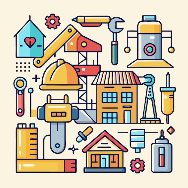 Ilustración vectorial de herramientas de construcción e ingeniería Conjunto de iconos para arquitectura, diseño industrial y proyectos DIY