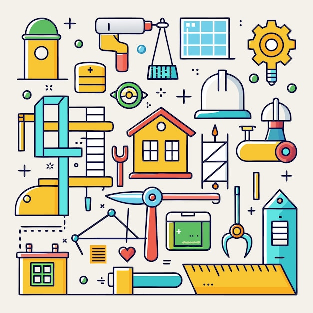 Ilustración vectorial de herramientas de construcción e ingeniería Conjunto de iconos para arquitectura, diseño industrial y proyectos DIY