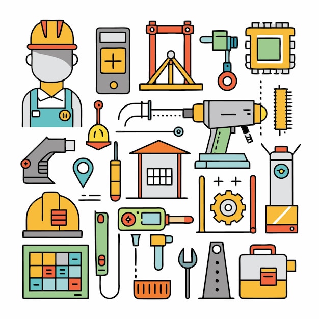 Ilustración vectorial de herramientas de construcción e ingeniería Conjunto de iconos para arquitectura, diseño industrial y proyectos DIY