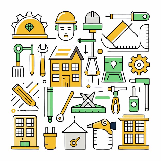 Ilustración vectorial de herramientas de construcción e ingeniería Conjunto de iconos para arquitectura, diseño industrial y proyectos DIY