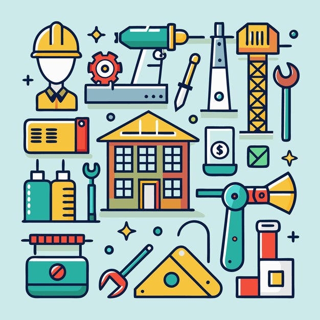 Ilustración vectorial de herramientas de construcción e ingeniería Conjunto de iconos para arquitectura, diseño industrial y proyectos DIY