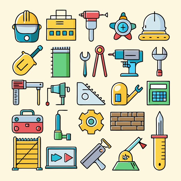 Ilustración vectorial de herramientas de construcción e ingeniería Conjunto de iconos para arquitectura, diseño industrial y proyectos DIY