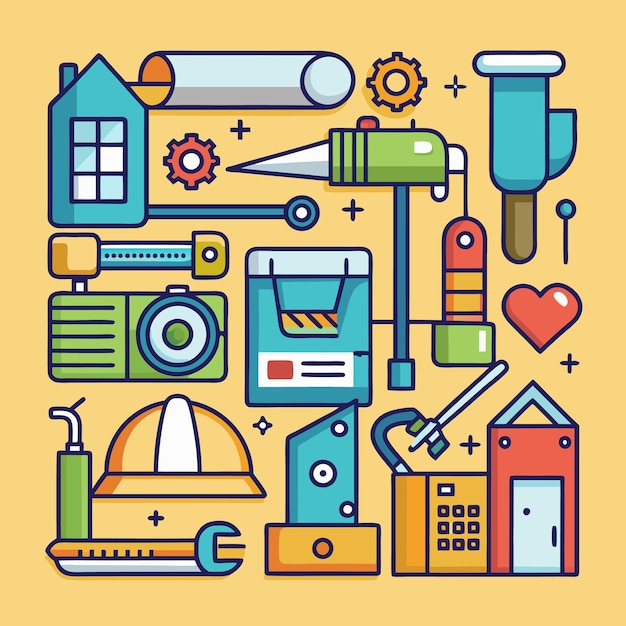 Ilustración vectorial de herramientas de construcción e ingeniería Conjunto de iconos para arquitectura, diseño industrial y proyectos DIY