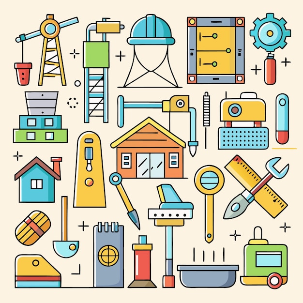 Ilustración vectorial de herramientas de construcción e ingeniería Conjunto de iconos para arquitectura, diseño industrial y proyectos DIY