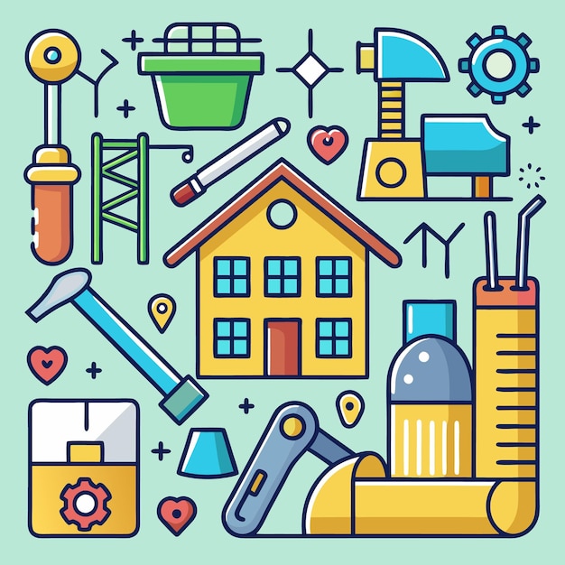 Ilustración vectorial de herramientas de construcción e ingeniería Conjunto de iconos para arquitectura, diseño industrial y proyectos DIY