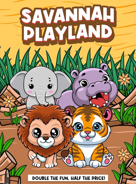 Ilustración vectorial de hipopótamos, elefantes, leones y tigres con una linda ilustración vectoria del zoológico