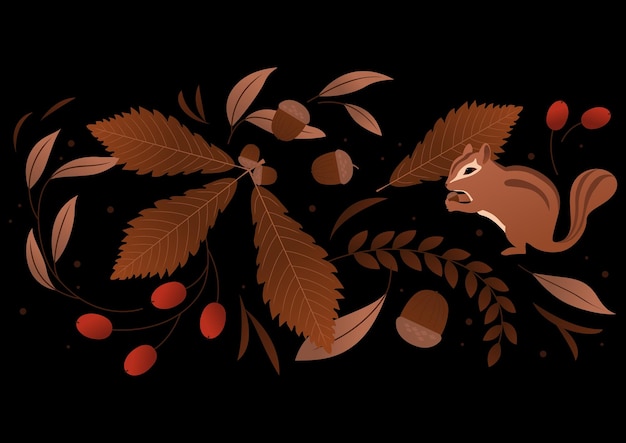 Ilustración vectorial de hojas de otoño y una ardilla