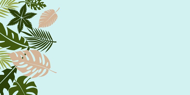 Vector ilustración vectorial con hojas tropicales estilizadas sobre un fondo azul claro las hojas están representadas en varios tonos de verde y beige creando un aspecto fresco y vibrante