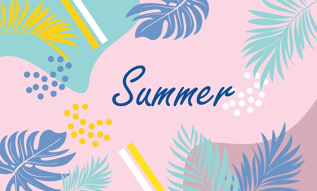 Ilustración vectorial hola estandarte de verano puesta de sol fondo de playa con hojas de palma