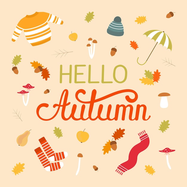 Ilustración vectorial Hola letras de otoño aisladas sobre fondo blanco Texto de letras dibujadas a mano Banner festivo de otoño Invitación de tarjeta Elementos decorativos en colores de hojas de otoño