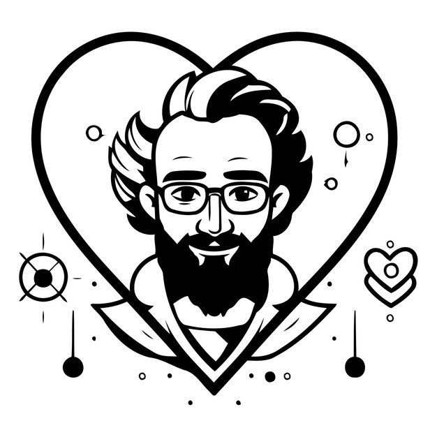 Vector ilustración vectorial de un hombre barbudo con gafas y un tatuaje en forma de corazón
