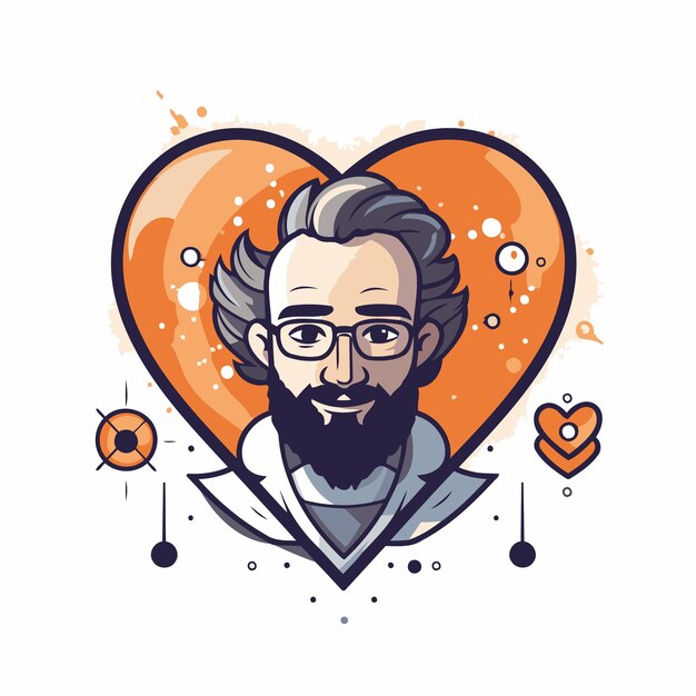 Vector ilustración vectorial de un hombre barbudo con gafas y un tatuaje en forma de corazón