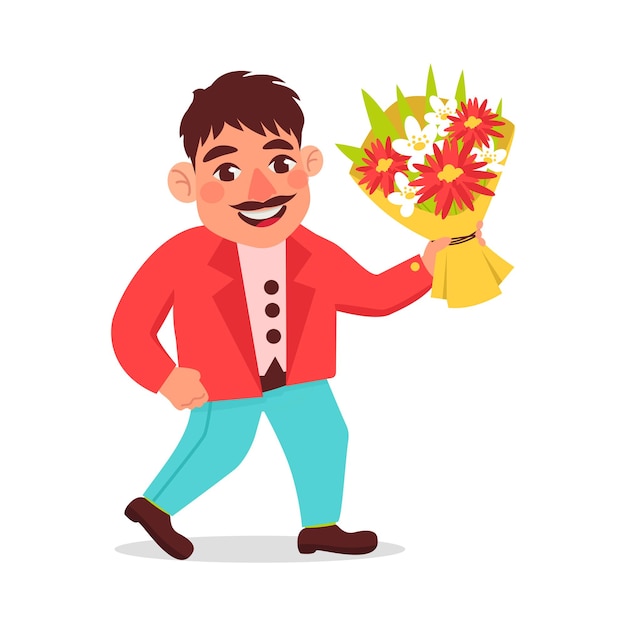 Ilustración vectorial de un hombre con bigote en una chaqueta con un hermoso ramo de flores