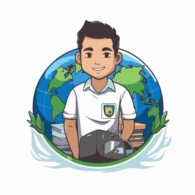 Vector ilustración vectorial de un hombre con una camiseta polo con un mapa del mundo