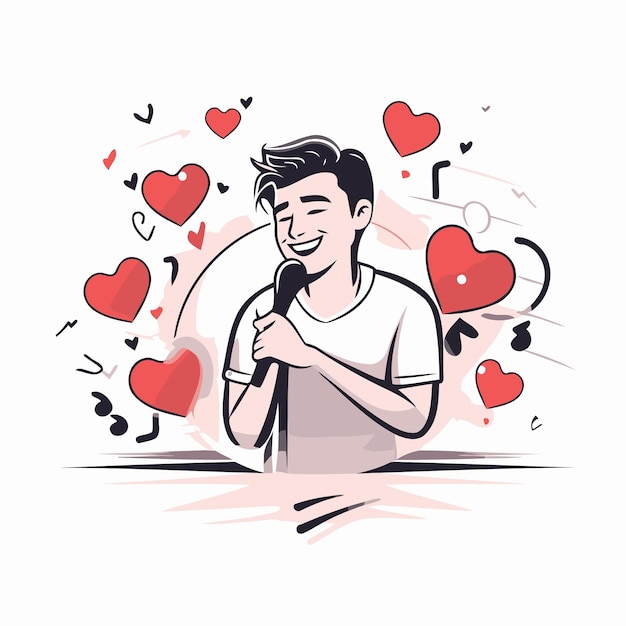 Vector ilustración vectorial de un hombre cantando karaoke con corazones a su alrededor