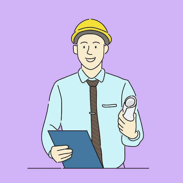 Vector ilustración vectorial de un hombre en un casco de construcción con un clipboard