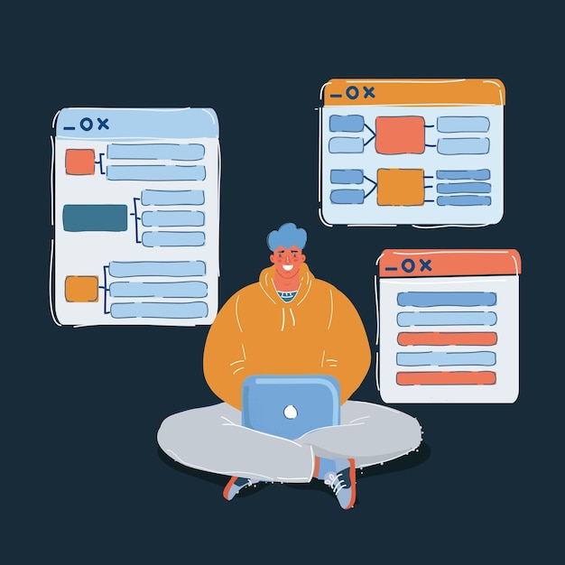Ilustración vectorial de un hombre desarrollador trabajando en una computadora portátil Caracter sobre un fondo oscuro