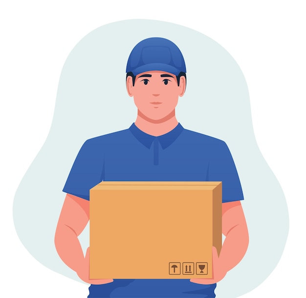 Ilustración vectorial del hombre de la entrega sosteniendo la caja de entrega