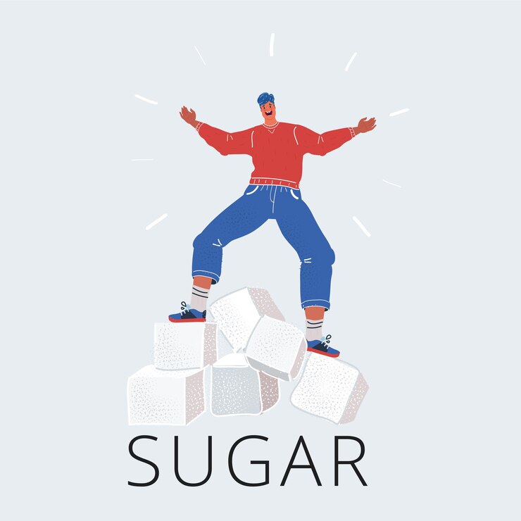 Vector ilustración vectorial del hombre equilibrado en cubos de azúcar sobre fondo blanco concepto de demasiado azúcar