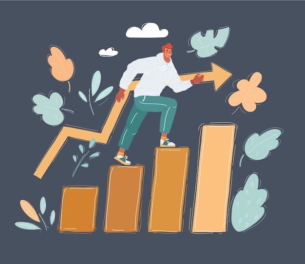 Ilustración vectorial del hombre está subiendo las escaleras de los niveles de éxito personaje humano en fondo oscuro
